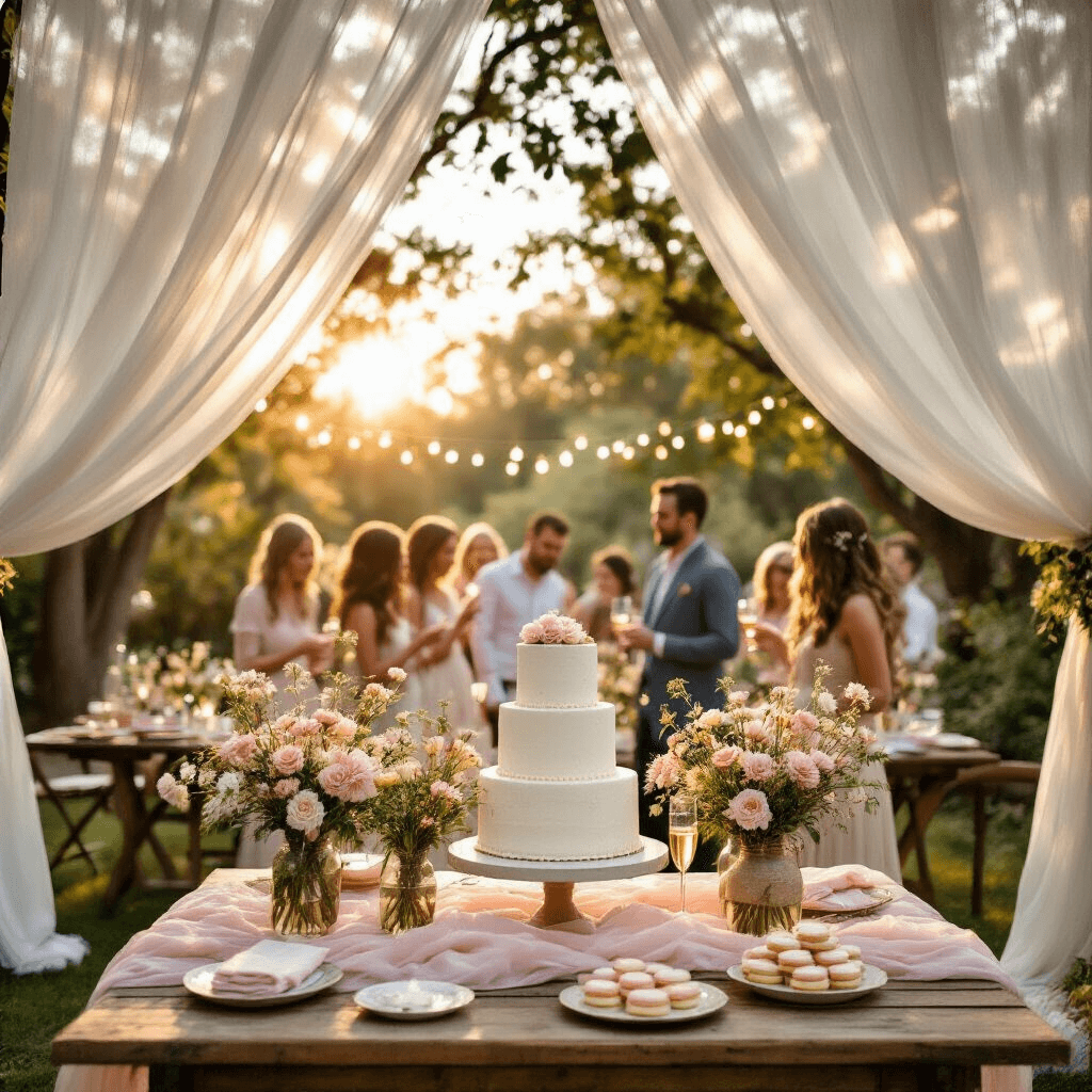 A beautifully decorated garden party for a gender reveal, featuring draped sheer white fabrics, rustic wooden tables with blush pink linens, wildflower centerpieces, a central dessert table with a tiered white cake, cupcakes, and macarons, all illuminated by twinkling fairy lights during golden hour. Guests are seen mingling with raised champagne flutes, evoking excitement and joy.