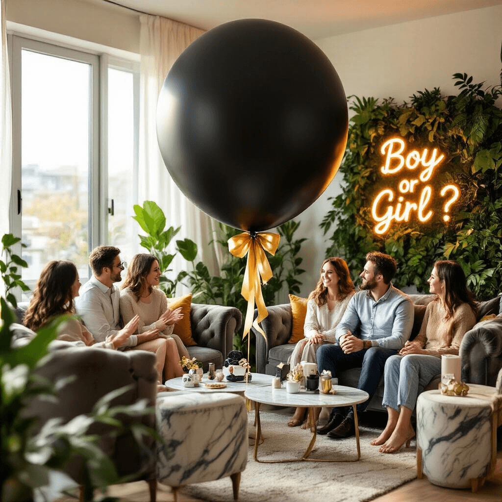 A cozy modern living room filled with soft morning light features a large matte black balloon with gold ribbon. An expectant couple sits on a plush velvet sofa, surrounded by family on mixed-matched armchairs, all eager for the reveal. A custom neon sign reads 'Boy or Girl?' while marbled side tables display personalized party favors and a Polaroid camera. Lush greenery forms a vibrant backdrop, creating an atmosphere of joyful suspense.
