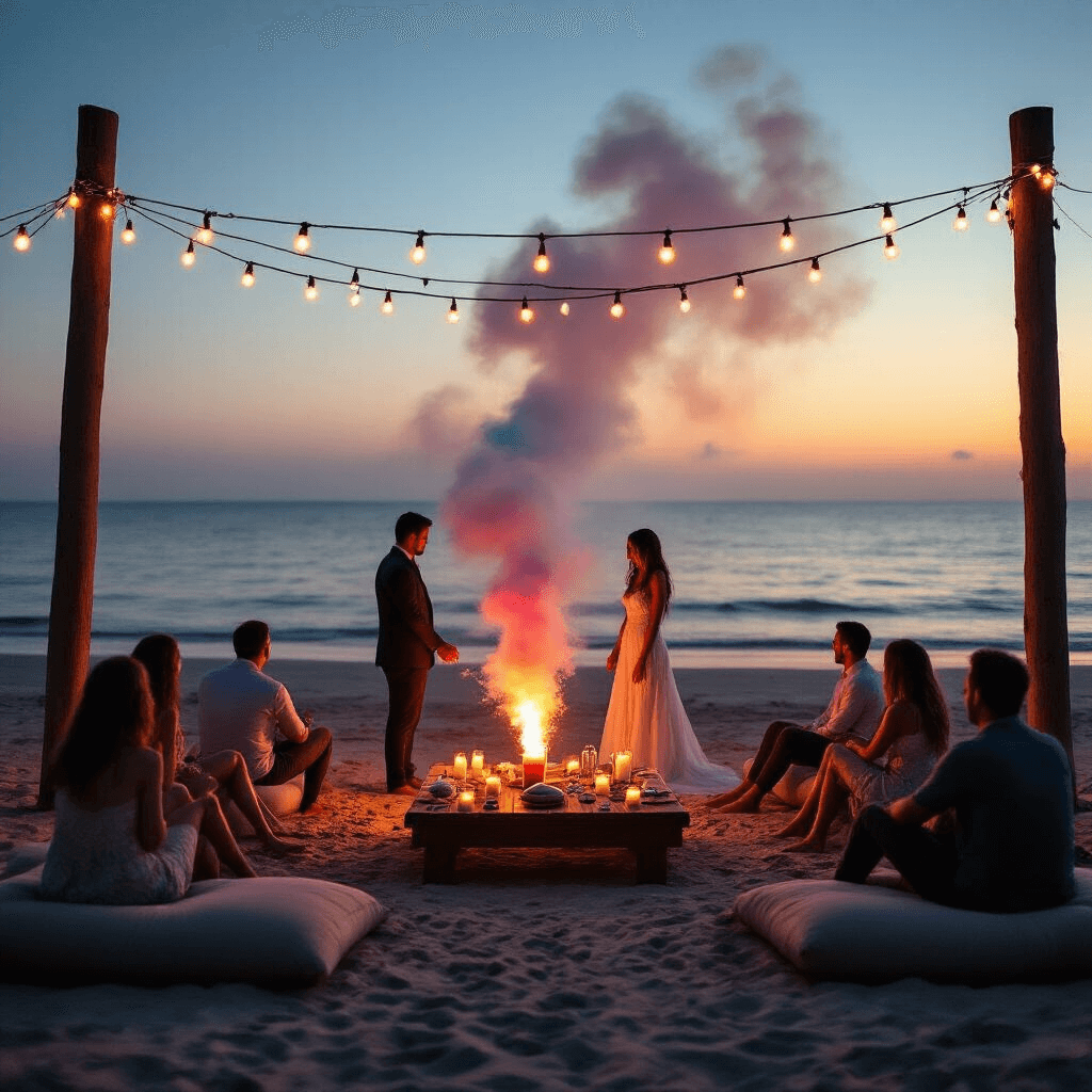 A silhouetted expecting couple prepares to ignite colorful smoke bombs on a private beach at twilight, framed by warm white lights on weathered wood pylons, while guests relax on oversized cushions around low tables decorated with seashells and candles, under a magical sunset and twinkling stars.