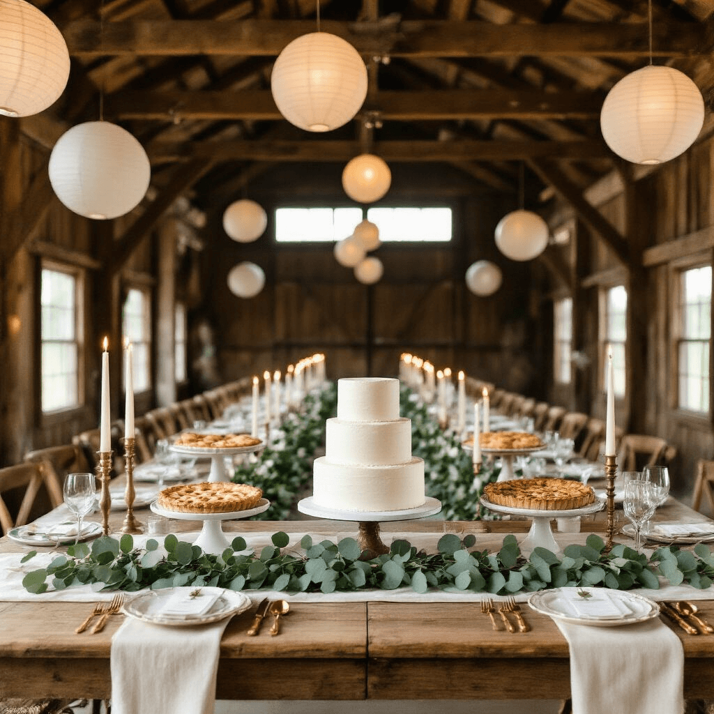 Overhead view of a rustic barn celebration featuring a long farmhouse table with an ivory linen runner, eucalyptus garlands, pillar candles, a two-tier white cake, vintage pies and tarts on mismatched china, gold cutlery, and warm glowing paper lanterns above.