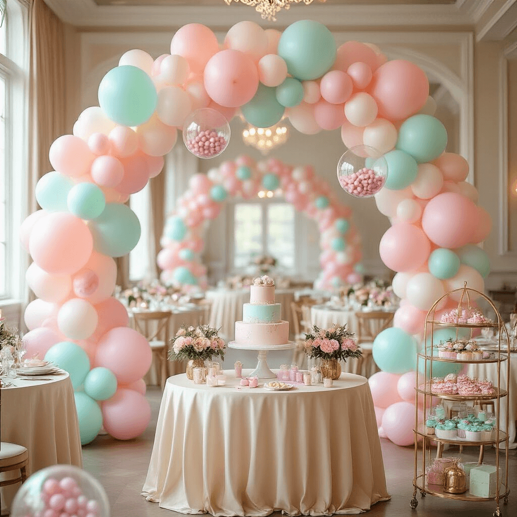 A wide-angle view of a whimsical pastel-themed ballroom featuring an elaborate balloon arch in blush, mint, and ivory, with clear balloons filled with pink and blue confetti scattered around. Round tables with champagne-colored linens are adorned with fresh flower centerpieces and gold geometric terrariums, alongside a dessert cart overflowing with color-coordinated sweets, creating an atmosphere of playful elegance and anticipation.