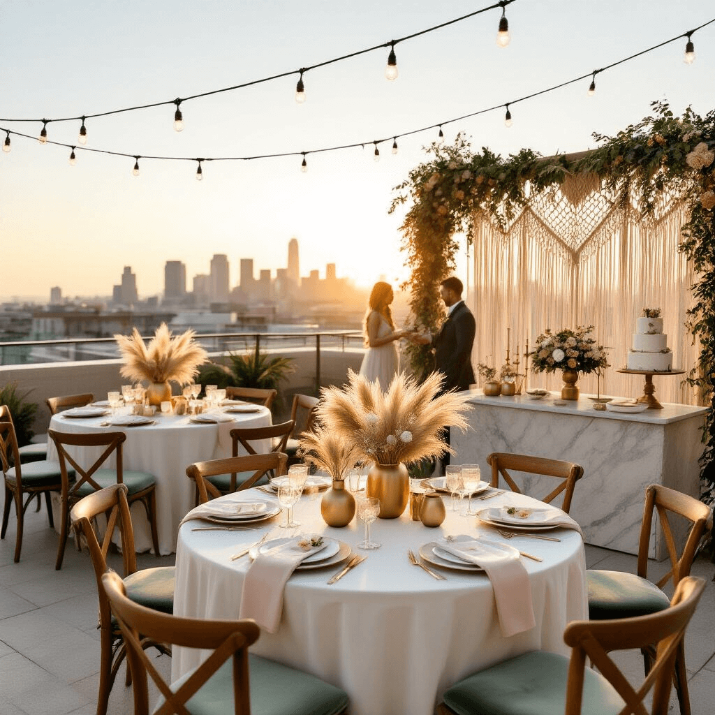 A sunlit rooftop terrace elegantly set for a gender reveal celebration, featuring round tables with white linens, pampas grass centerpieces, sage and blush velvet cushions, a macramé backdrop, fairy lights overhead, and a marble dessert cart with a decorated cake against a city skyline.