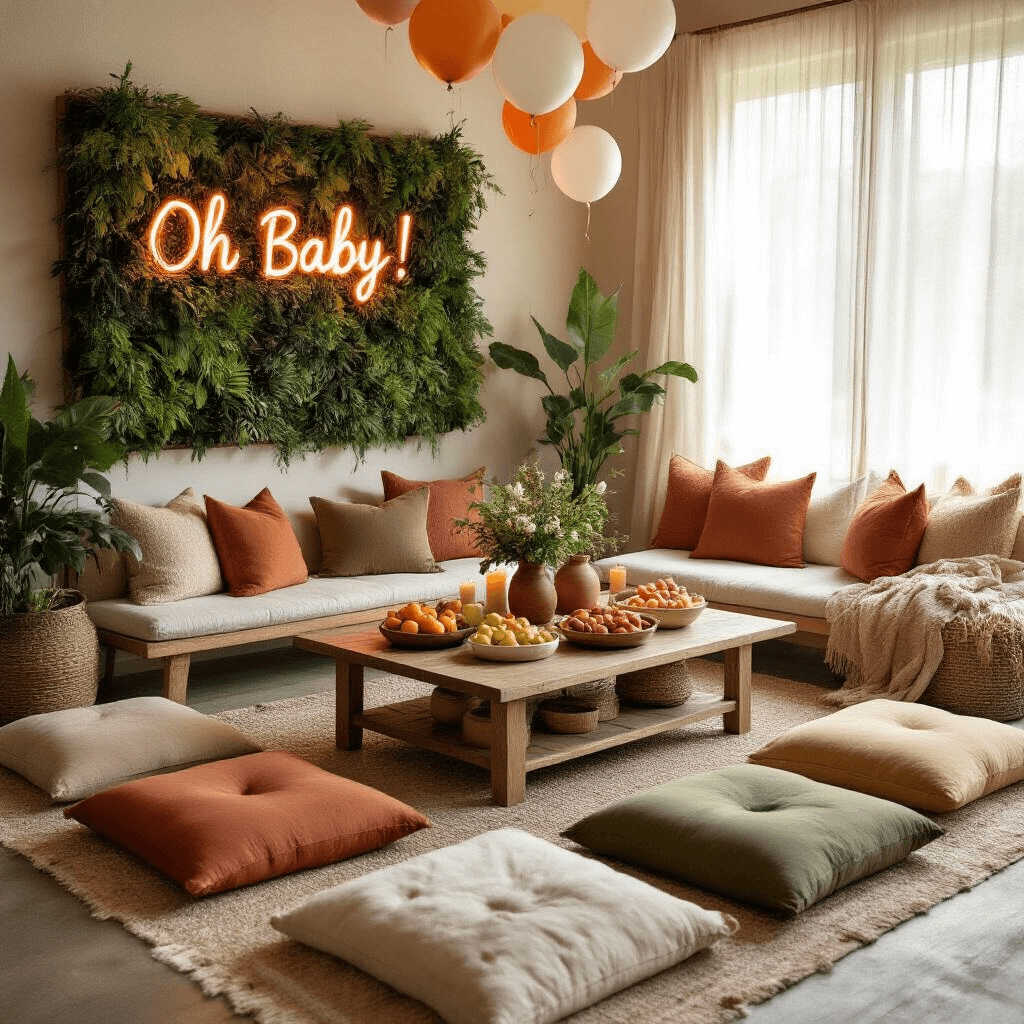 A cozy, eco-friendly living room set up for a gender reveal gathering, featuring natural light, plush floor cushions in earthy tones, a low coffee table adorned with handcrafted name cards and beeswax candles, fresh fruit, and rustic pottery. A lush vertical garden and a neon sign reading 'Oh Baby!' create a vibrant backdrop, with biodegradable confetti-filled balloons floating above.