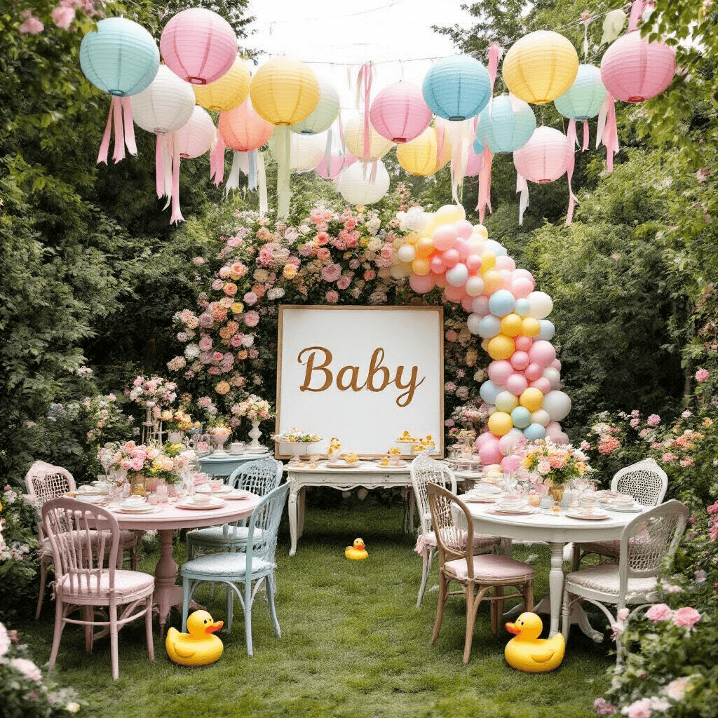 A whimsical garden party gender reveal with mismatched vintage tables and chairs adorned with pastel linens and delicate china. Playful rubber ducky accents complement a canopy of paper lanterns and colorful ribbons overhead. An oversized 'Baby' letter board is the focal point, encircled by a lush balloon arch in muted rainbow hues, captured in an overhead shot showcasing the joyful and eclectic styling.