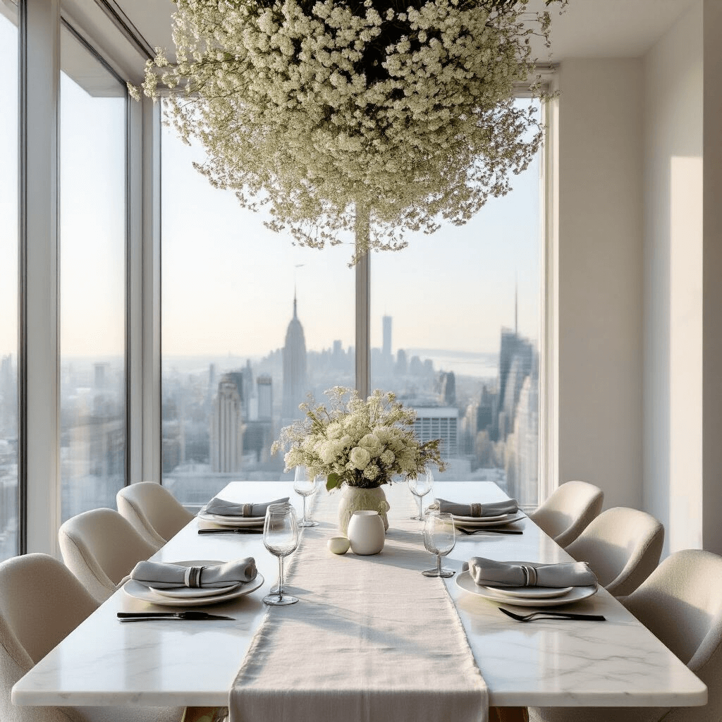 A modern minimalist gender reveal setup in a sunlit apartment, featuring a long marble dining table with white plates, black cutlery, and pale grey linen napkins, adorned with a gradient floral runner and an overhead installation of baby's breath, framed by floor-to-ceiling windows with a city view.