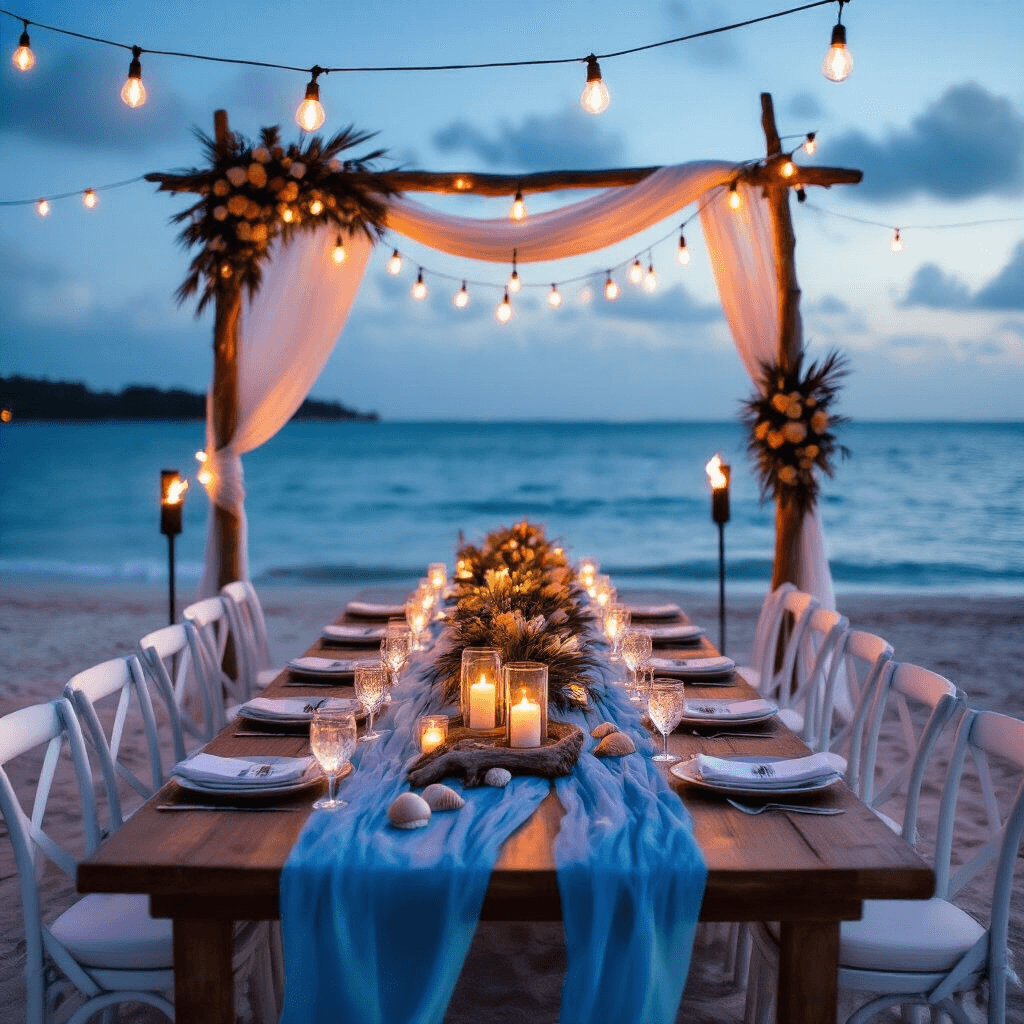 A dreamy beachfront gender reveal at twilight, featuring wooden tables draped in blue wave-like runners, decorated with driftwood and seashells, illuminated by warm Edison bulbs and tiki torches, framed by a custom driftwood arch adorned with fabric and tropical blooms.