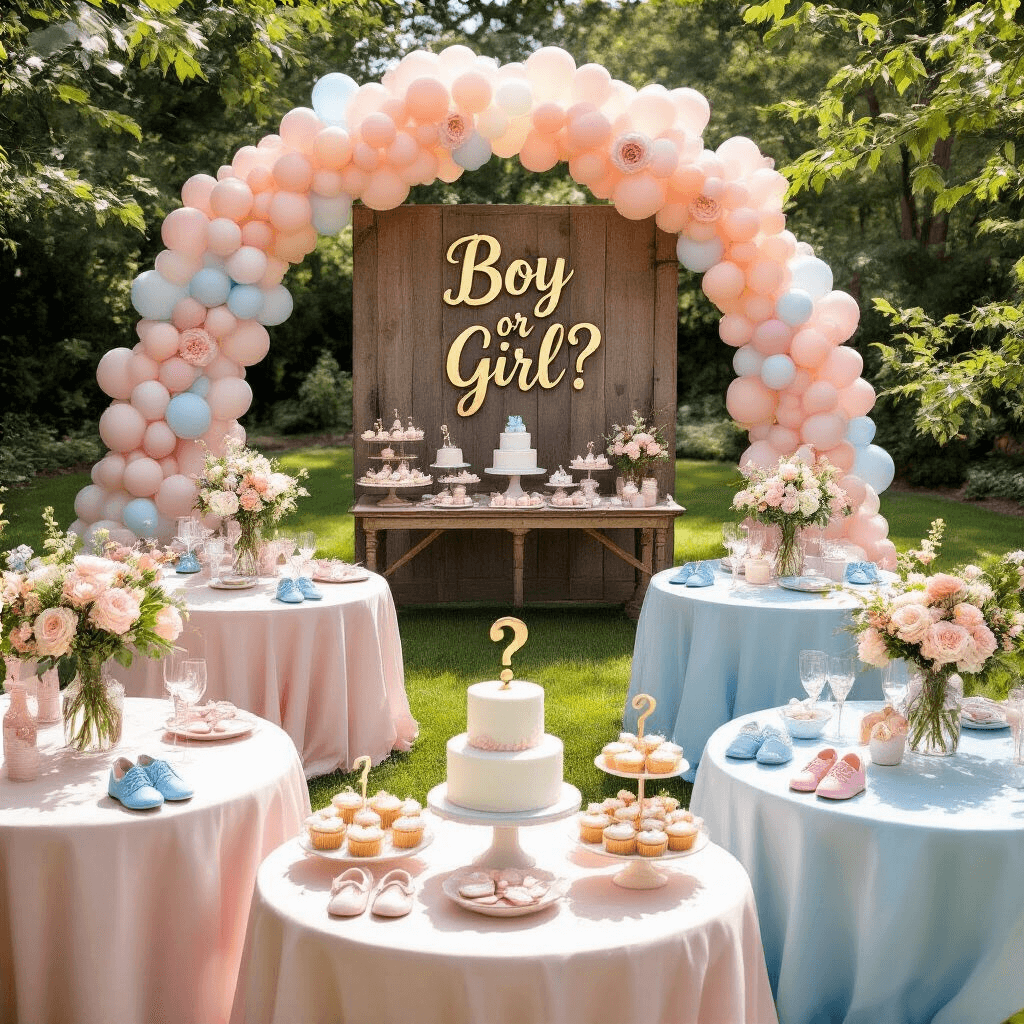 Ultimate Gender Reveal Party Decorations: Create a Memorable Celebration Aerial view of a whimsical gender reveal backyard with lush green grass, round tables draped in blush pink and powder blue linens, floral centerpieces, a grand balloon arch, and a dessert cart featuring cupcakes and a tiered cake with question mark toppers.