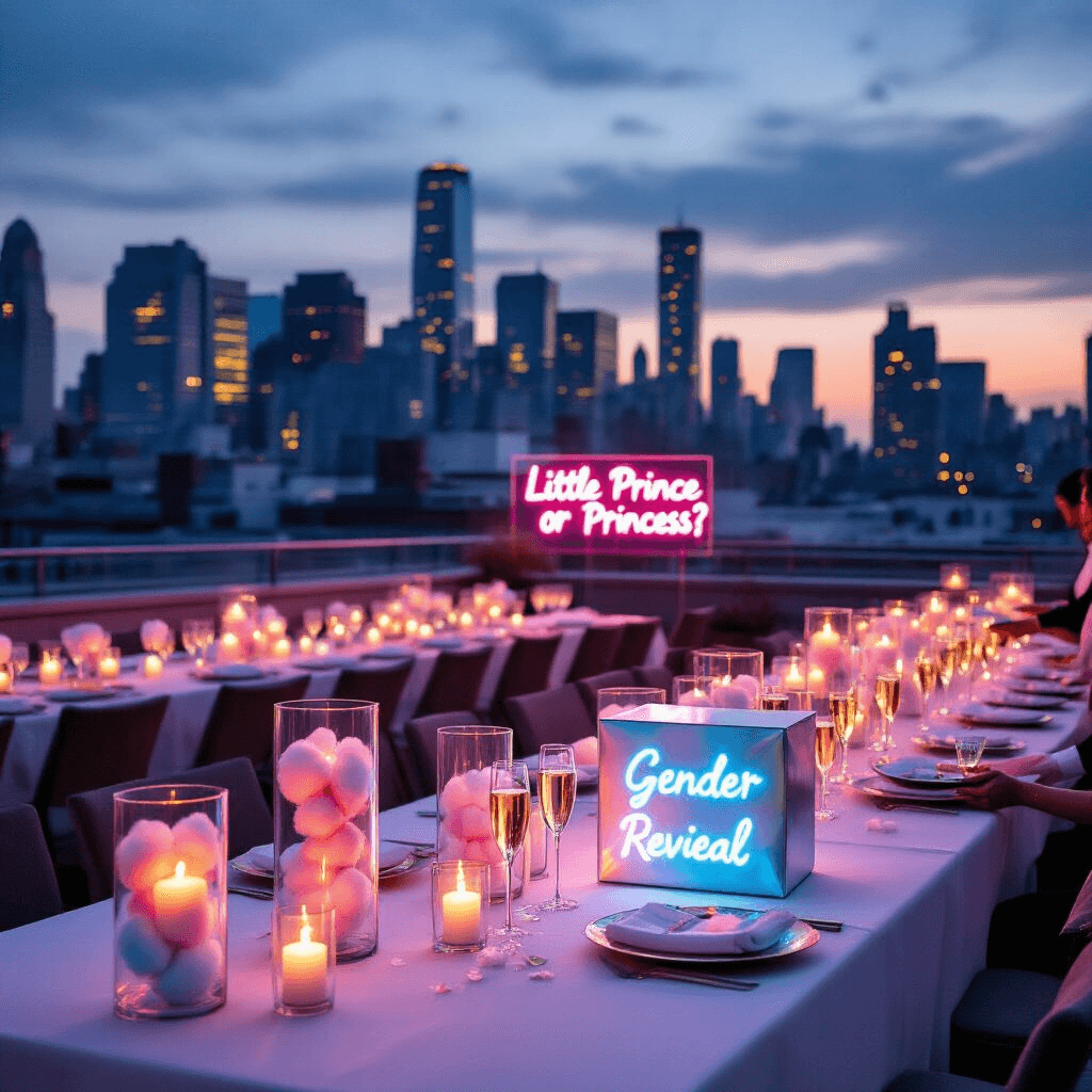 Ultimate Gender Reveal Party Decorations: Create a Memorable Celebration Elegant rooftop terrace gender reveal celebration at twilight, featuring a modern urban skyline backdrop, long tables with white linens and metallic accents, glass cylinders with floating candles, a neon sign reading 'Little Prince or Princess?', and servers with pink and blue cotton candy champagne. A dramatic iridescent 'gender reveal' box is prominently displayed.