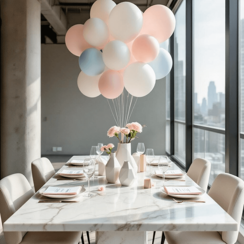 Ultimate Gender Reveal Party Decorations: Create a Memorable Celebration A modern gender reveal setup in a sleek city loft, featuring a marble dining table adorned with a monochromatic scheme of whites and creams, accented by pale pink and blue. Geometric ceramic vases with single stem flowers and personalized place cards with watercolor washes are present. The centerpiece is a sculptural balloon arrangement, with natural light streaming through floor-to-ceiling windows, casting dramatic shadows on the contemporary decor.