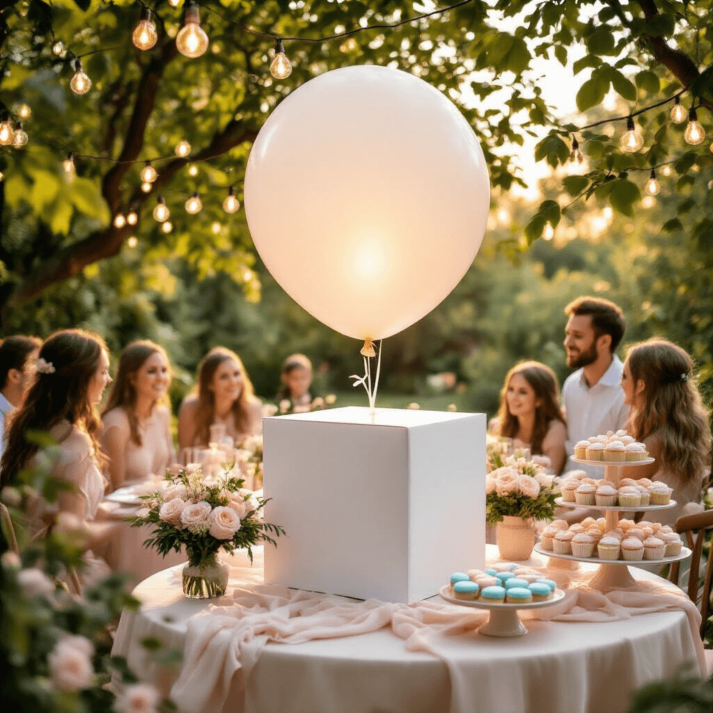 A lively outdoor gender reveal party in a lush garden during golden hour, featuring a large white balloon box surrounded by guests in pastel outfits, draped fairy lights, round tables with blush and cream linens, floral centerpieces, and a dessert cart filled with pink and blue treats, all illuminated by soft sunset light.