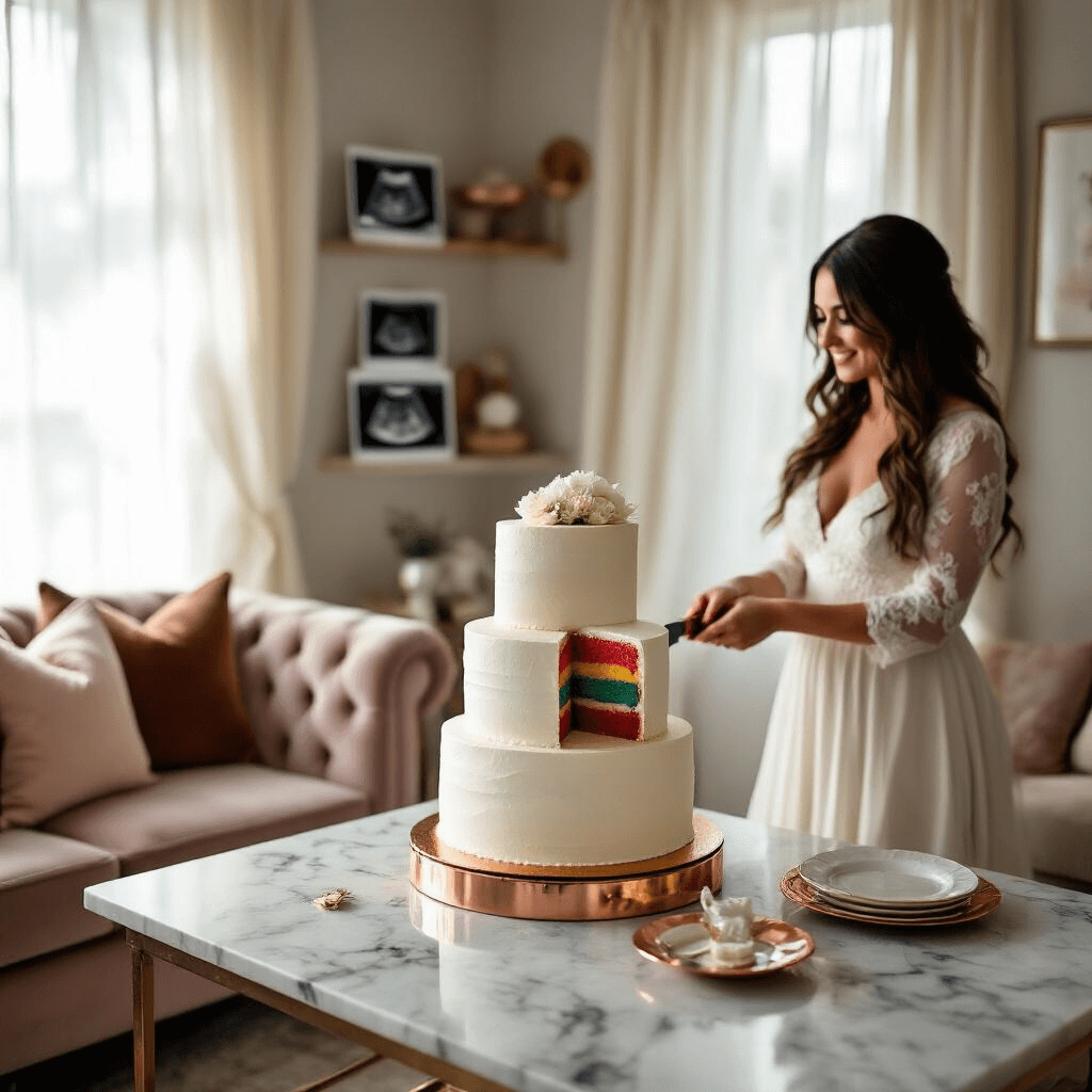 A cozy living room scene featuring a two-tier cake on a marble countertop, surrounded by elegant copper cake stands and gold-rimmed plates. The couple holds a cake knife together, their faces filled with anticipation. Soft afternoon light filters through sheer ivory curtains, illuminating plush velvet armchairs and floating shelves adorned with ultrasound photos and baby items.