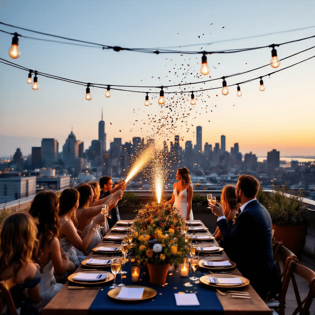 A vibrant rooftop terrace at dusk, adorned with Edison bulbs and set with navy linens and wildflower centerpieces. Guests, backlit against the skyline, hold champagne flutes as a couple prepares to release confetti cannons, surrounded by friends and family. An overhead drone captures the festive atmosphere and urban backdrop.