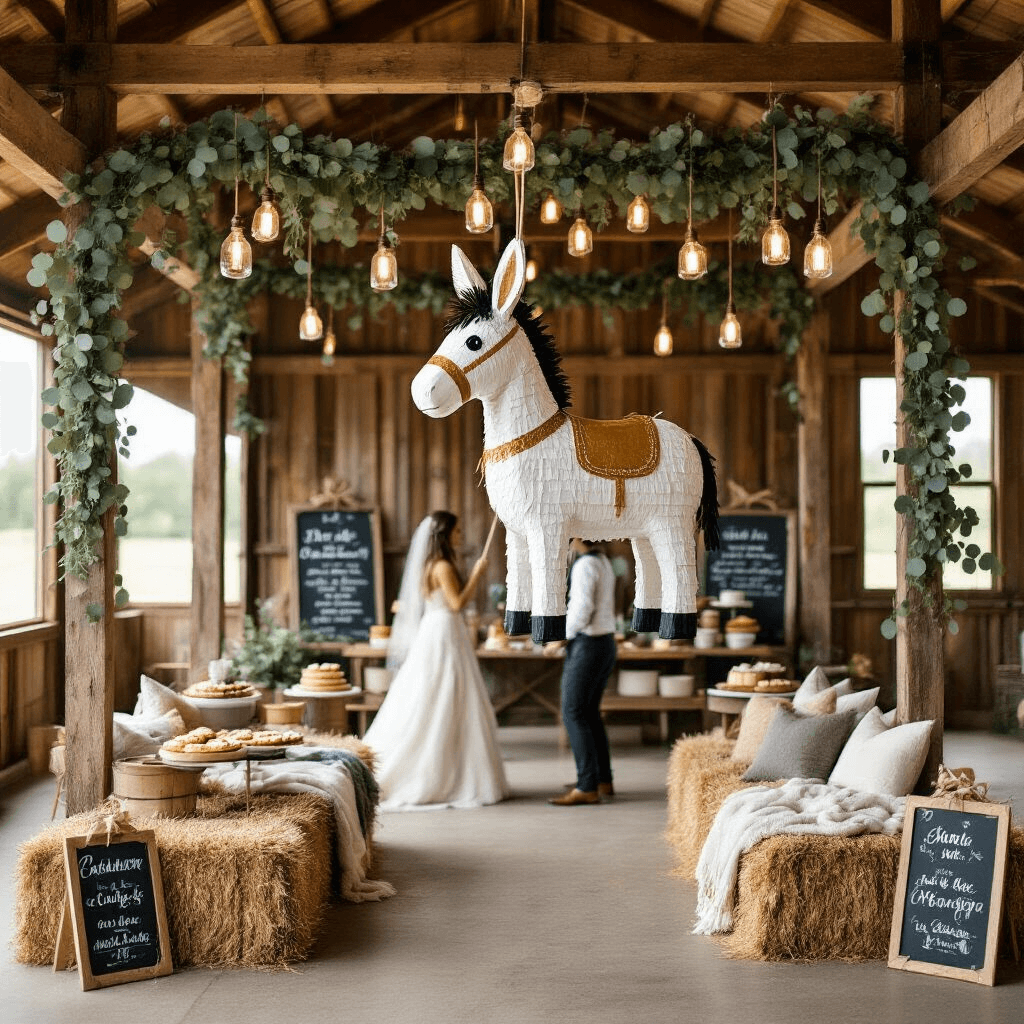 A blindfolded couple approaches a custom white and gold donkey-shaped piñata hanging from wooden beams in a rustic barn, with eucalyptus garlands and mason jar lights. Hay bale seating is adorned with blankets and pillows, while a dessert table features pies and cookies. Playful chalkboard signs add charm to the whimsical setting.