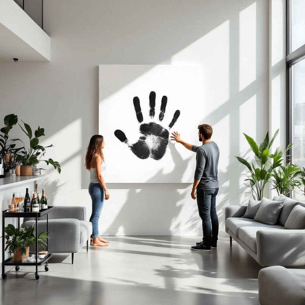 A modern apartment interior featuring a stark white wall with a clear acrylic panel mounted on it. Sleek gray furniture complements the space, while potted plants add greenery. Sunlight floods through large windows, casting shadows. A couple, hands covered in paint, stands ready to leave a handprint on the acrylic, with soft-focused guests in the background.