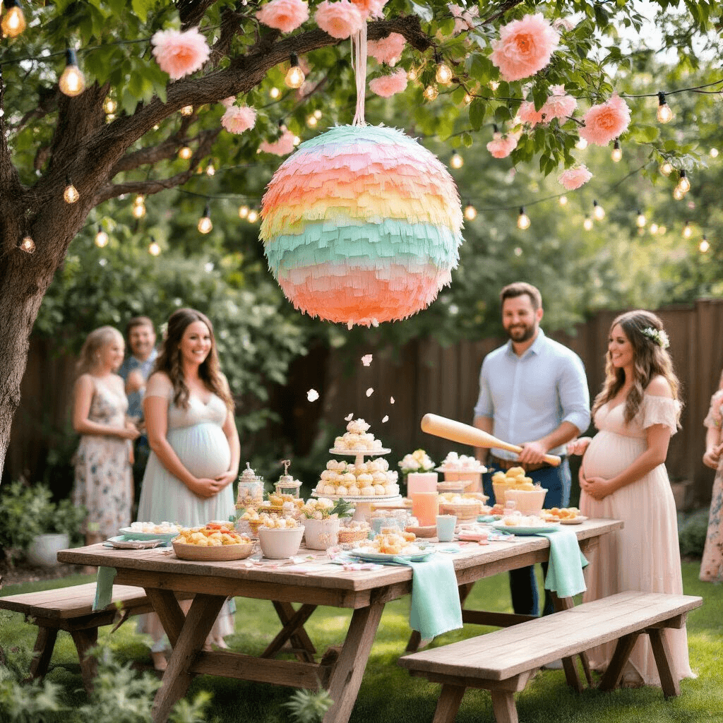 A whimsical gender reveal backyard scene featuring an expectant couple poised to smash a pastel-colored piñata hanging from a flowering tree, surrounded by excited guests, rustic tables with baby-themed snacks, and soft string lights creating a magical atmosphere.