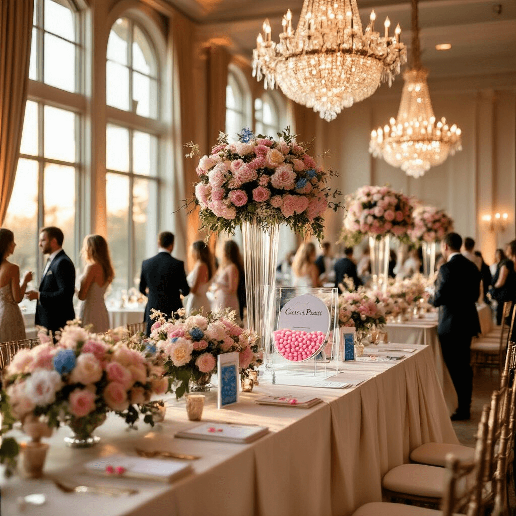 An elegant indoor ballroom with soft golden hour light, featuring long ivory silk-draped tables with floral centerpieces. A central 'Guess & Predict' station displays an acrylic board filled with pink and blue jellybeans, while guests in cocktail attire mingle and write predictions on custom cards, under crystal chandeliers that enhance the luxe atmosphere.