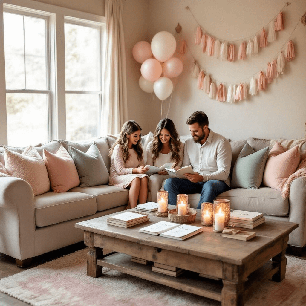 Cozy living room set up for a gender reveal gathering, featuring a plush sectional sofa with blush and sage throw pillows, a rustic coffee table with baby name books and notepads, warm candlelight, and whimsical decorations including paper garlands and balloon bouquets.