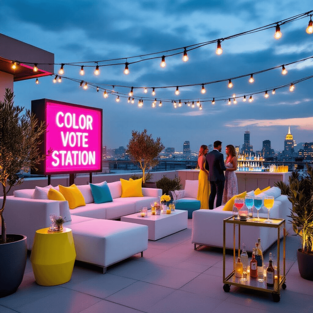 A modern rooftop terrace at twilight, decorated for a chic gender reveal party with sleek white furniture, vibrant yellow and teal accents, a neon-lit 'Color Vote Station', stylishly dressed guests, a geometric bar cart with custom cocktails, and string lights overhead amidst potted olive trees, all against a twinkling cityscape backdrop.