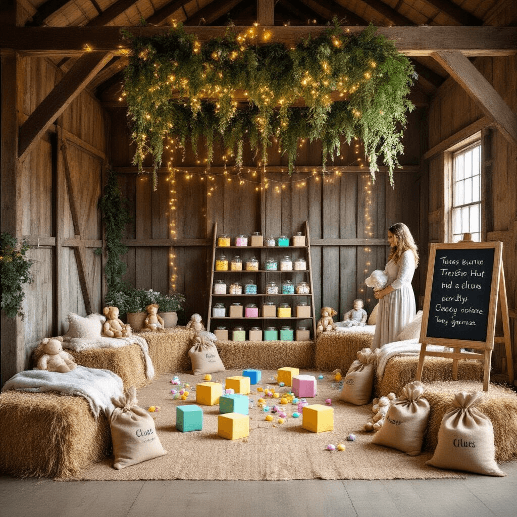 A rustic barn interior adorned with greenery and fairy lights, featuring hay bale seating, oversized baby blocks, stuffed animals, and a vintage ladder displaying colorful pacifiers. Expectant parents stand by a chalkboard easel, surrounded by guests, creating a warm and playful atmosphere for a 'Treasure Hunt Pacifier' reveal game.