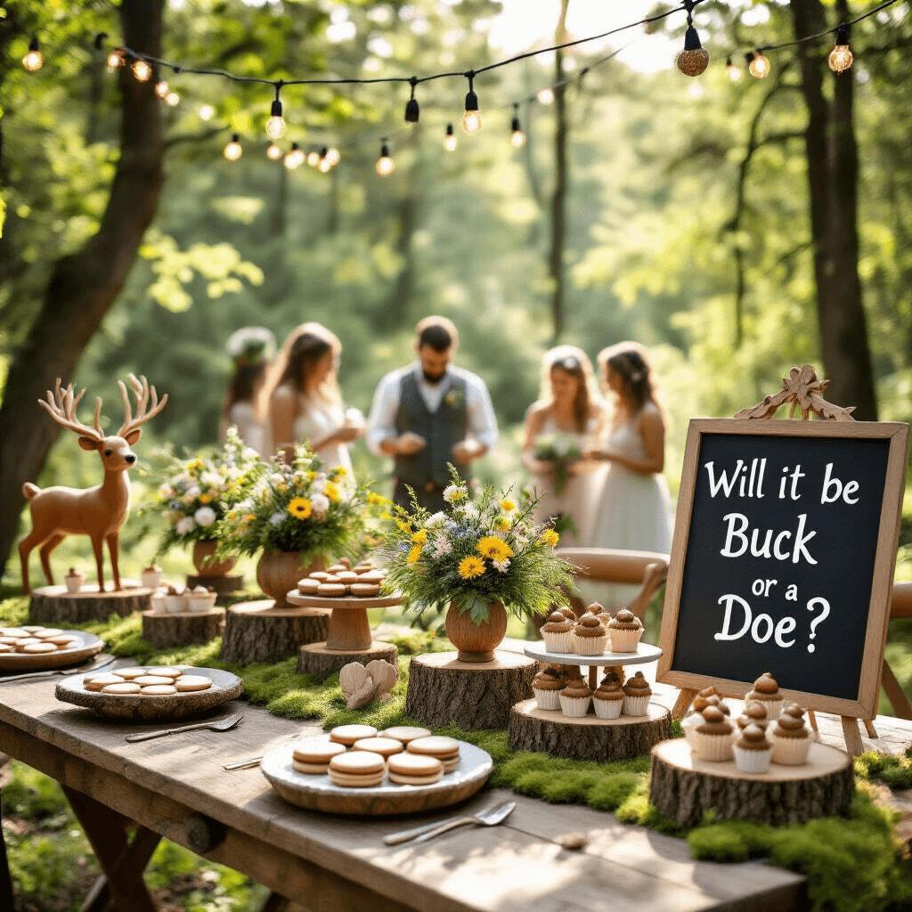 A whimsical woodland-themed gender reveal party in a sunlit garden, featuring rustic wooden tables with moss runners, wildflower centerpieces, and deer-shaped cookies. Fairy lights illuminate the scene, with a chalkboard sign reading 'Will it be a buck or a doe?' Guests gather around a central table with a tree-shaped pinata ready for the reveal, all set in an enchanted forest atmosphere.