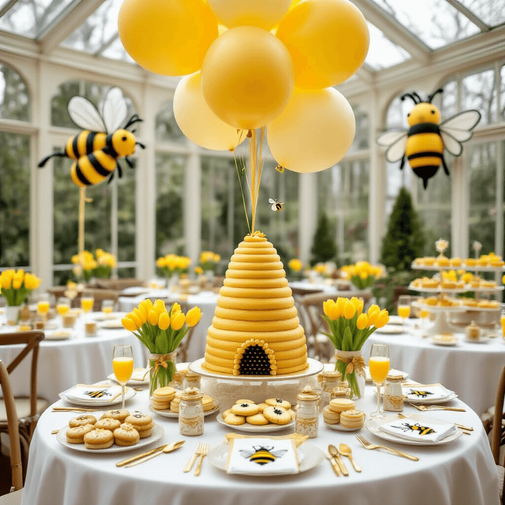 An elegant gender reveal brunch in a conservatory, featuring round tables with white linens and honeycomb accents, yellow tulips, a dessert cart with honey pastries, oversized yellow balloons, a towering beehive cake, guests enjoying mimosas in hexagonal glasses, and intricate bee-themed place settings with personalized honey jar favors.