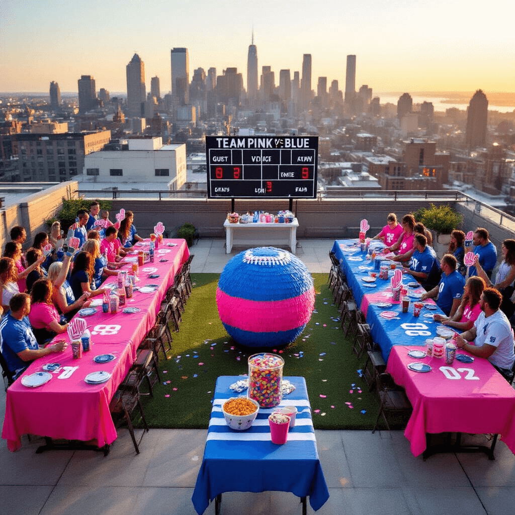 A vibrant rooftop gender reveal party at golden hour, featuring 'Team Pink vs Team Blue' with tables draped in jerseys, a scoreboard for predictions, referee-striped linens, foam fingers, themed snacks, a trail mix bar, and a giant football pinata ready to burst with colored confetti, as an energetic crowd divided by teams enjoys the city skyline backdrop.