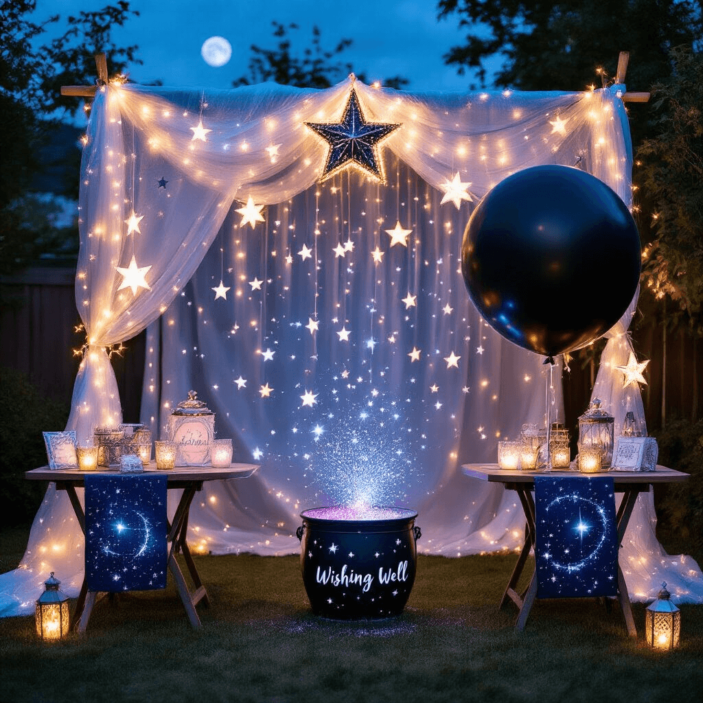 A whimsical gender reveal setup in a fairy-lit backyard featuring a crescent moon photo booth, constellation table runners, and suspended star lanterns. A wishing well filled with glitter and a giant black balloon poised for popping to reveal twinkling LED lights in pink or blue, all captured in a long-exposure shot that enhances the magical ambiance.