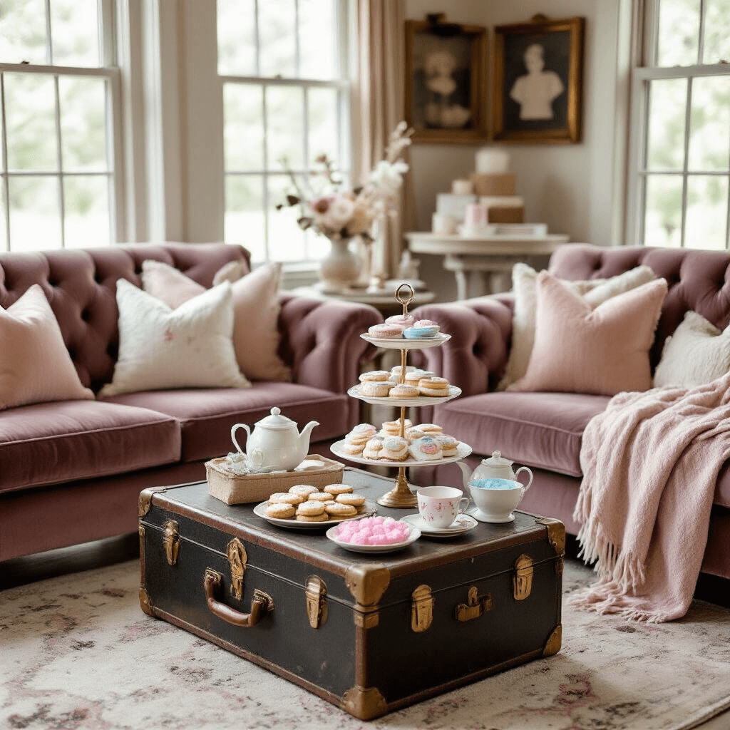A cozy living room with plush velvet sofas and low tables, featuring a vintage trunk displaying baby items and wives' tale testing stations. Soft throw blankets in neutral tones adorn the seating. A dessert table showcases a tiered cake stand with 'myths vs facts' cookies. Guests lift teacups to uncover pink or blue sugar cubes, capturing candid moments in a warm, inviting atmosphere for an 'Old Wives' Tales' gender reveal brunch.