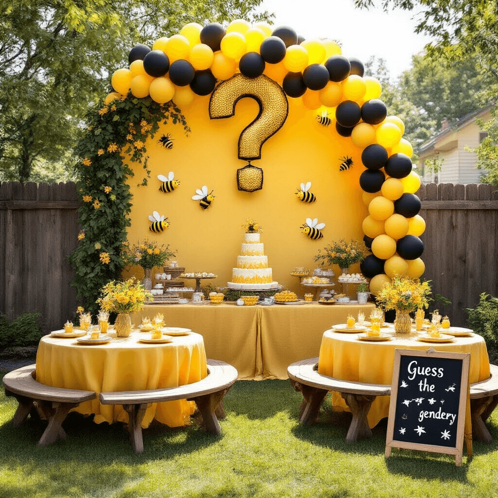 A whimsical gender reveal party in a sunlit backyard features a golden honeycomb backdrop, rustic picnic tables with wildflower centerpieces, and a festive balloon arch. Guests enjoy a beehive-themed cake and a 'guess the gender' chalkboard under twinkling fairy lights.