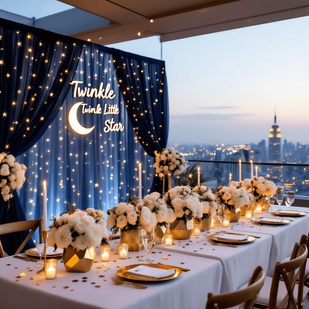 An elegant rooftop gender reveal party features a starry theme with navy fabric backdrop adorned with LED lights, long tables set with white linens and gold accents, floral centerpieces, a crescent moon photo booth, and a 'Star Prediction' station as dusk bathes the space in soft lighting.