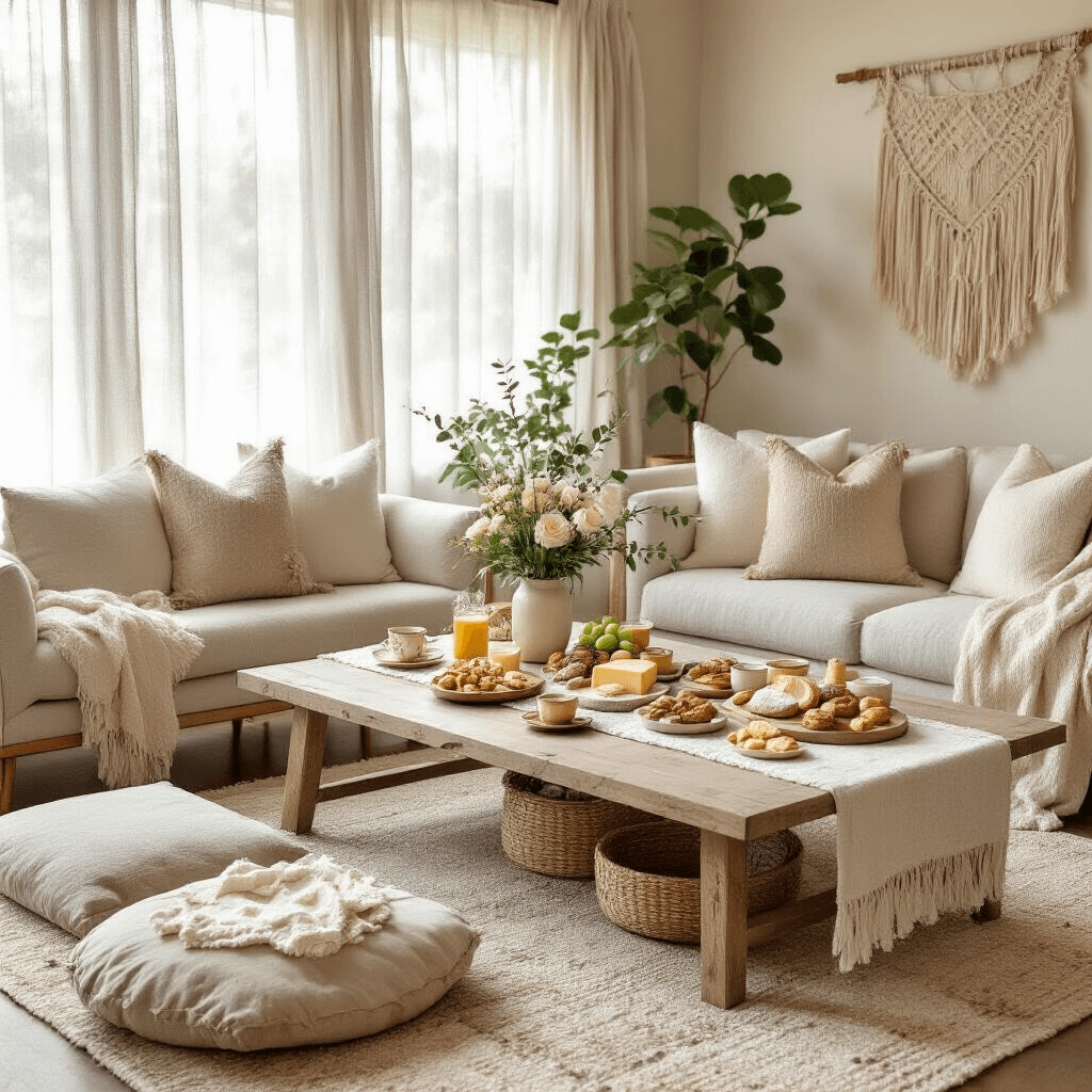 A cozy living room decorated for a 'Neutral Sophistication' gender reveal brunch, featuring soft morning light, plush floor cushions, a grazing board, delicate teacups, a 'Baby's First Library' display, and a letter-writing station, surrounded by potted plants and woven baskets.