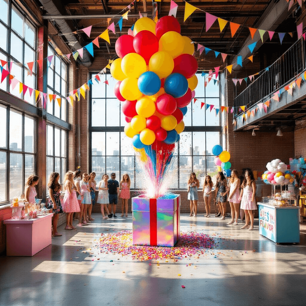 A vibrant gender reveal party in a modern loft, featuring a towering balloon sculpture, colorful decorations, and activity stations, with an oversized gift box ready to release pink or blue confetti. Guests enjoy the festivities, posing with props against a backdrop of rainbow pinwheels.