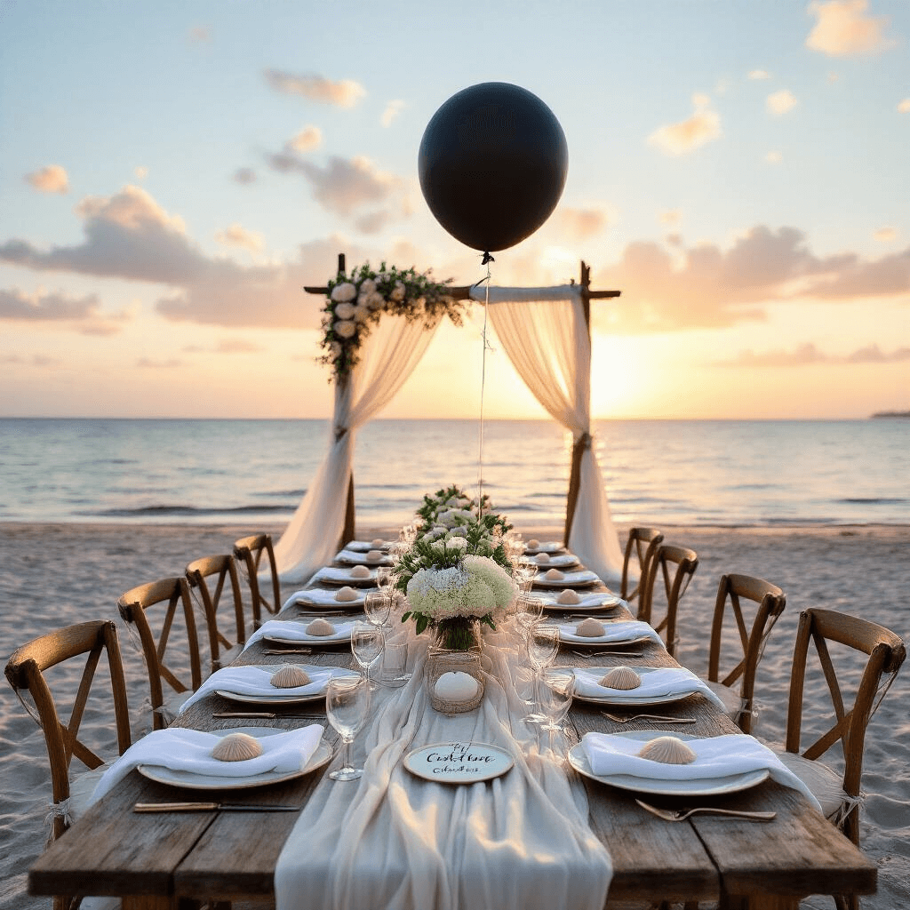 A picturesque sunset beach scene with weathered wood farm tables adorned with gauzy runners, sand-dollar chargers, and seashell name cards, featuring centerpieces of driftwood, sea glass, and white orchids. A driftwood arch with tulle and hydrangeas frames the water's edge, illuminated by tiki torches and lanterns, as a giant black balloon awaits to be popped amidst a pastel sky.