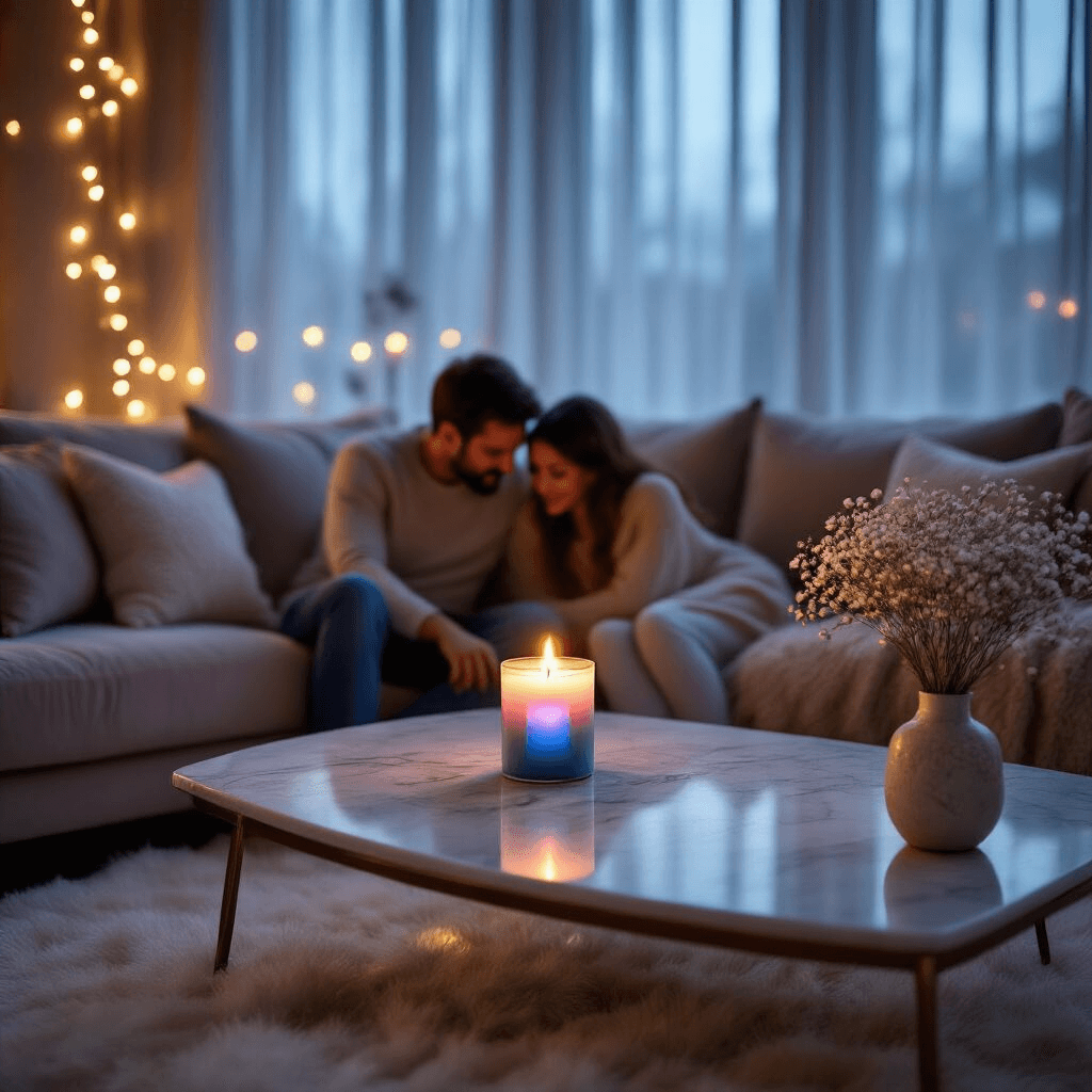 A cozy living room with a couple on a plush velvet sofa, leaning toward a flickering candle on a marble coffee table. The candle reveals a hidden blue or pink core, surrounded by neutral-toned pillows, a fluffy white rug, and warm fairy lights, creating an intimate atmosphere. A vase of delicate baby's breath adds a touch of elegance.
