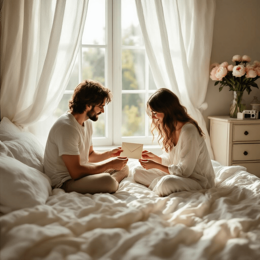 A sunlit bedroom with sheer curtains, where a couple sits on a rumpled bed opening a cream envelope, revealing a tiny pink onesie, surrounded by soft morning light and a backdrop of peonies and a Polaroid camera.