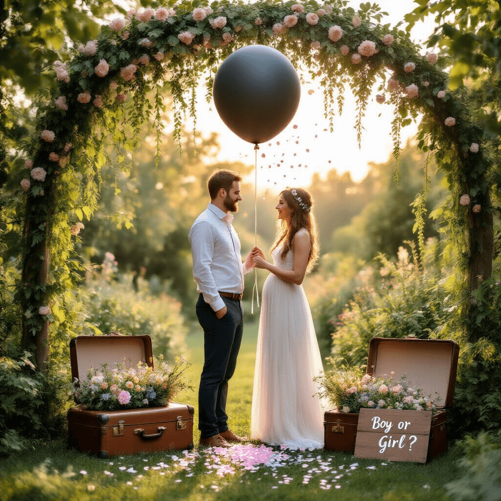 A couple stands under a floral arch in a lush garden at golden hour, holding a large black balloon that pops, releasing pink or blue confetti, while vintage suitcases filled with wildflowers sit at their feet.