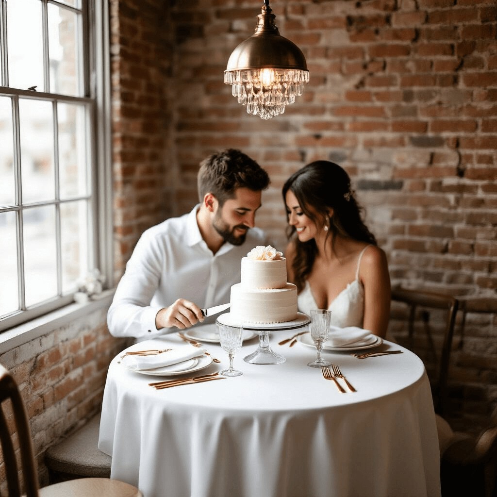 An intimate dining nook featuring exposed brick walls, pendant lighting, and a small round table set for two with white linens, gold cutlery, and crystal stemware. A frosted white cake on a glass stand serves as the centerpiece, while a couple leans in with a silver cake knife, anticipating the reveal of pink or blue cake inside. Soft candles and a bouquet of baby's breath enhance the romantic atmosphere, captured from an overhead angle.