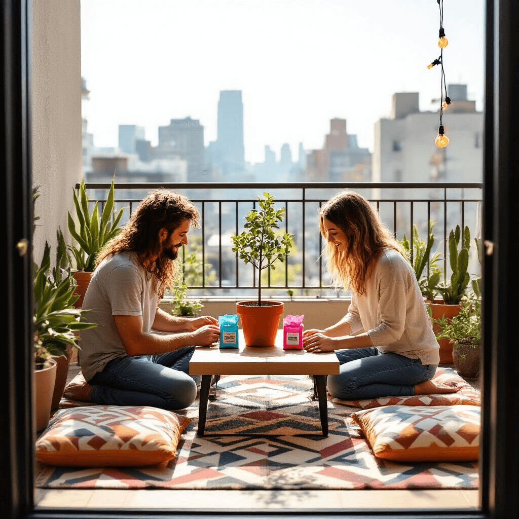 A couple kneels on geometric floor cushions around a low table on a sunlit apartment balcony, preparing to pour pink and blue potting soil into a terracotta pot with a tiny sapling. Golden afternoon light illuminates their faces, while succulents and string lights adorn the railing, and a classic Polaroid camera waits nearby. The scene is framed through the balcony doorway, conveying a private, celebratory mood with city views in the background.