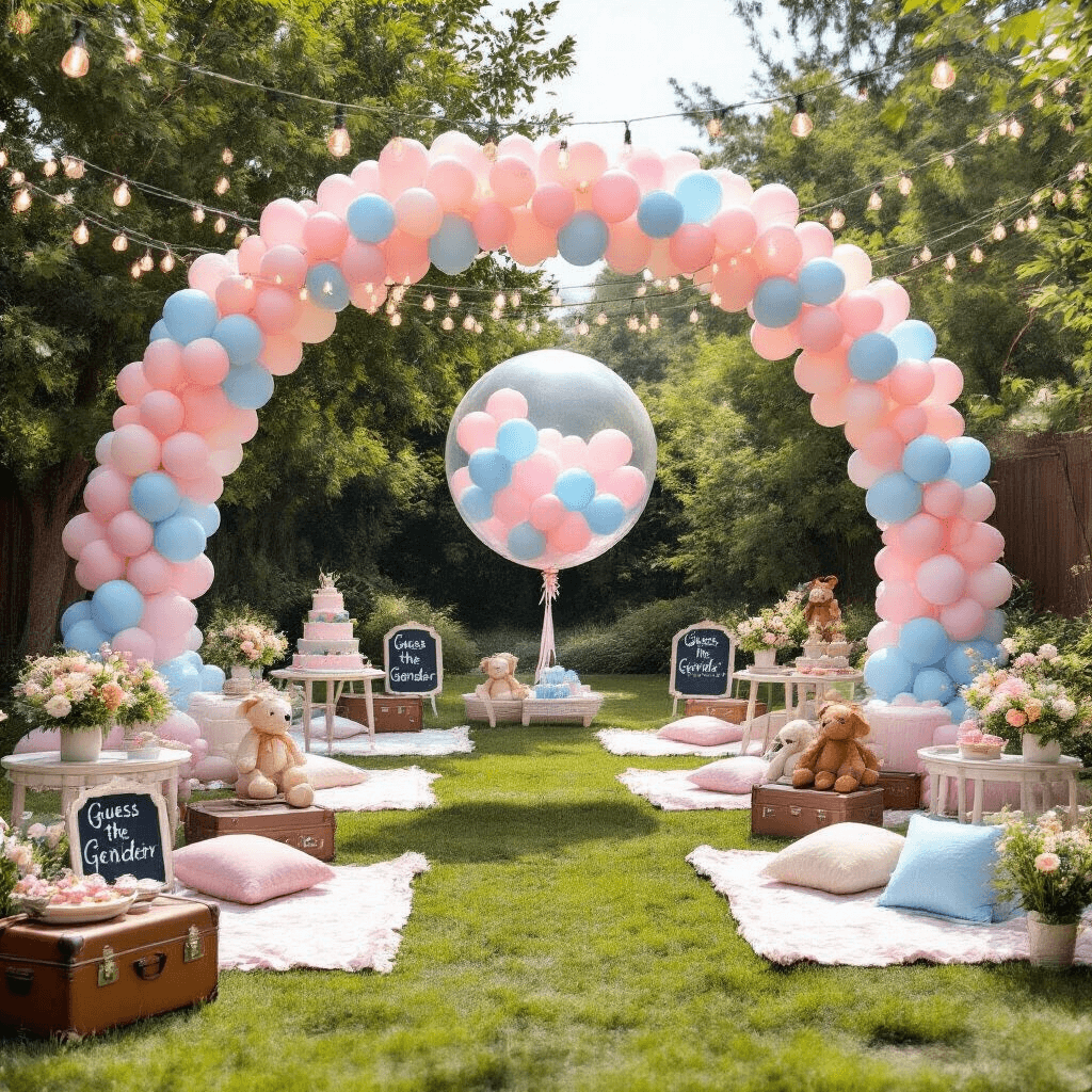 A whimsical gender reveal party setup featuring an arch of ombre pink and blue balloons, picnic blankets with low tables, fairy lights overhead, a large transparent balloon filled with smaller balloons, vintage suitcases with stuffed animals and chalkboards, and a dessert cart with a tiered pink and blue cake.