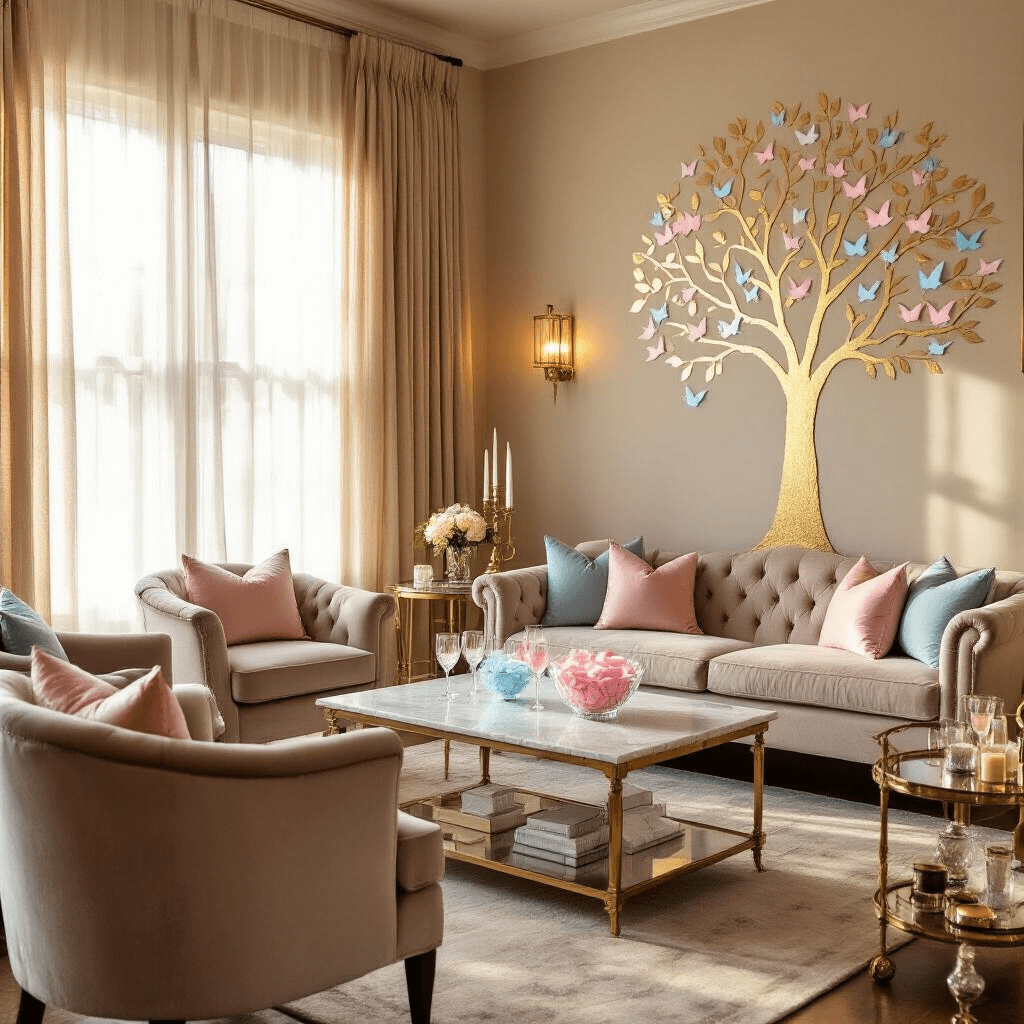 An elegant living room illuminated by warm golden hour light, decorated for a gender reveal gathering with a hand-painted gold leaf tree adorned with pink and blue paper cranes, plush velvet armchairs, a tufted sofa, a marble coffee table with a crystal bowl of sealed envelopes, soft throw pillows, flickering candles in mercury glass holders, and a bar cart featuring custom cocktails.
