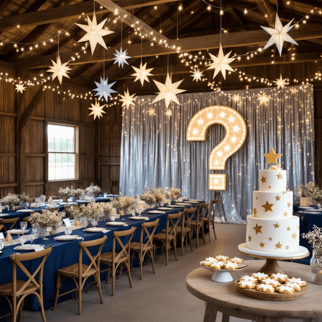A whimsical rustic barn interior decorated for a 'Twinkle Twinkle Little Star' themed gender reveal, featuring twinkling fairy lights, paper star lanterns, midnight blue table linens, gold star centerpieces, custom constellation cards, and a dessert table with star-shaped cookies and a pastel fondant cake.
