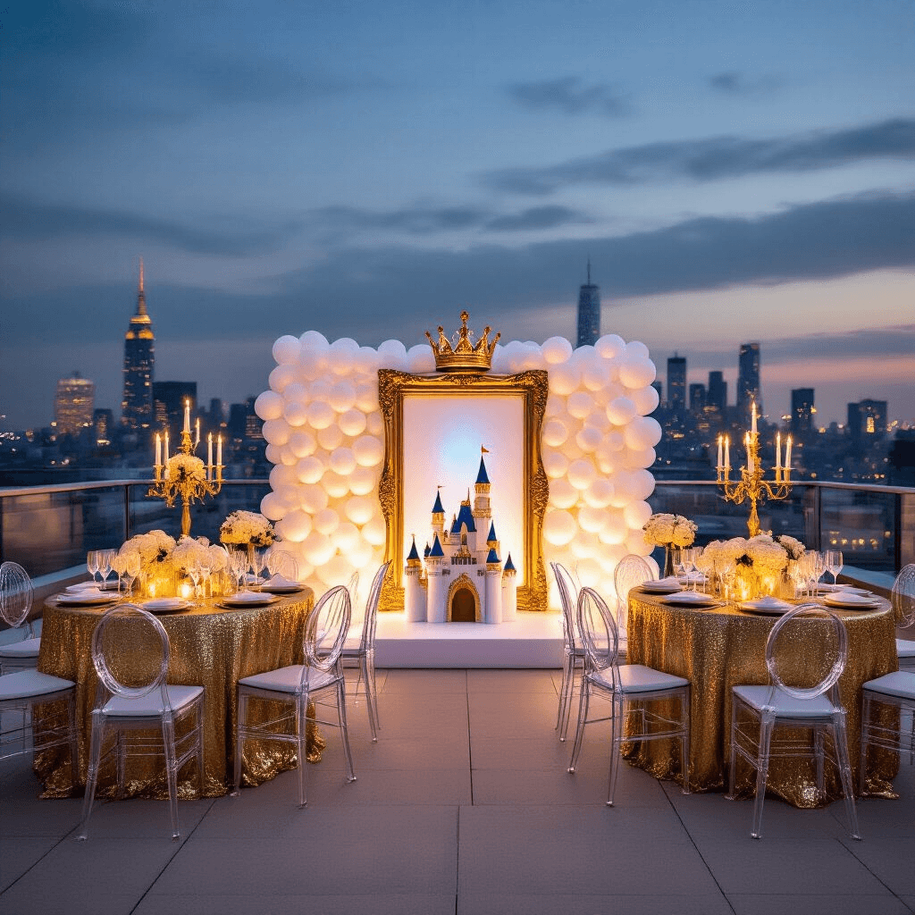 A luxurious rooftop terrace for a 'Little Prince or Princess' gender reveal party, featuring gold sequin tablecloths, ghost chairs, and lush white rose arrangements, illuminated by string lights and candelabras, with a white balloon wall backdrop, champagne towers, and a central reveal station styled as a miniature castle with pink or blue smoke machines.