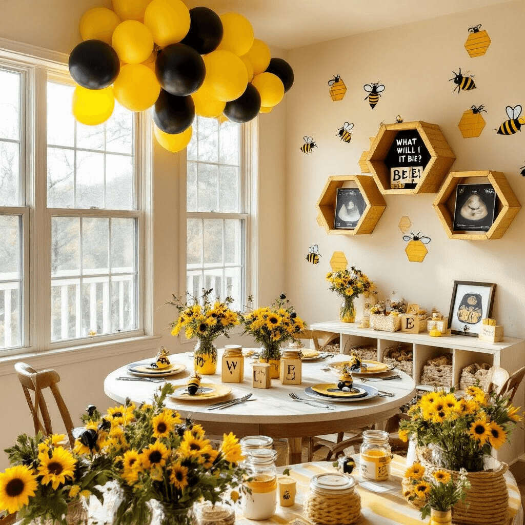 A cozy apartment living space decorated for a bee-themed gender reveal brunch, featuring honeycomb-patterned wall decals, yellow and black balloons, a striped dining table with honey jar centerpieces and bee-shaped place card holders, a DIY hexagon shelf with 'What Will it Bee?' blocks, a craft station for decorating onesies, and a giant paper mache beehive pinata ready to release pink or blue confetti.