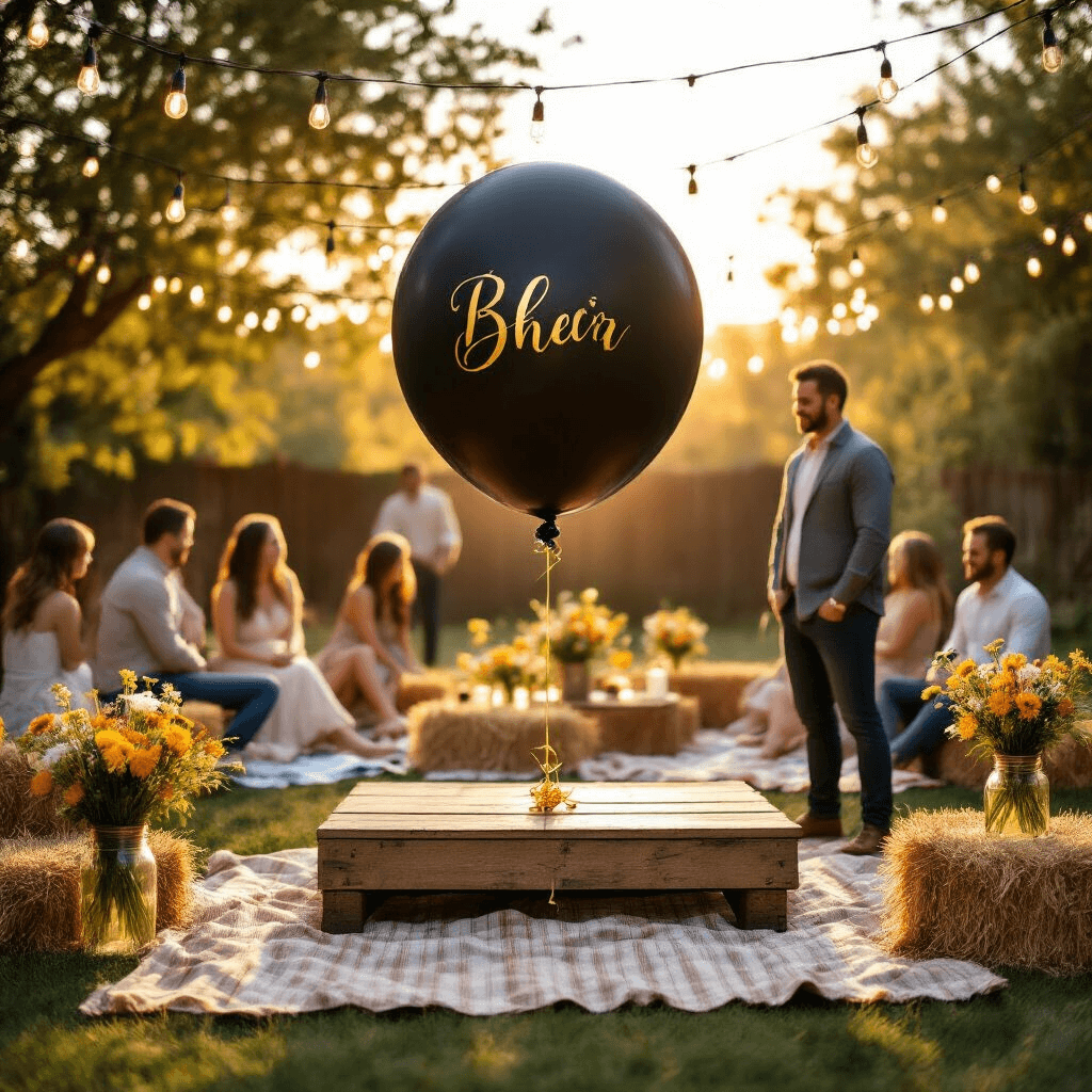 A sunlit backyard gender reveal party featuring a large black balloon with gold calligraphy on a rustic wooden platform, surrounded by guests on picnic blankets and hay bales. Soft string lights hang overhead, wildflower bouquets in mason jars are scattered around, and the expectant couple stands poised with a gold pin, radiating excitement and nervousness just before the balloon is popped.