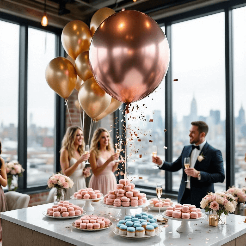 An elegant indoor gender reveal in a light-filled loft with metallic gold balloons, floor-to-ceiling windows revealing a cityscape, and a dessert spread of blush pink and powder blue treats. Guests in cocktail attire hold champagne flutes, while a large balloon, half rose gold and half silver, bursts, sending confetti outward and capturing the joyful reactions of the couple in the foreground.