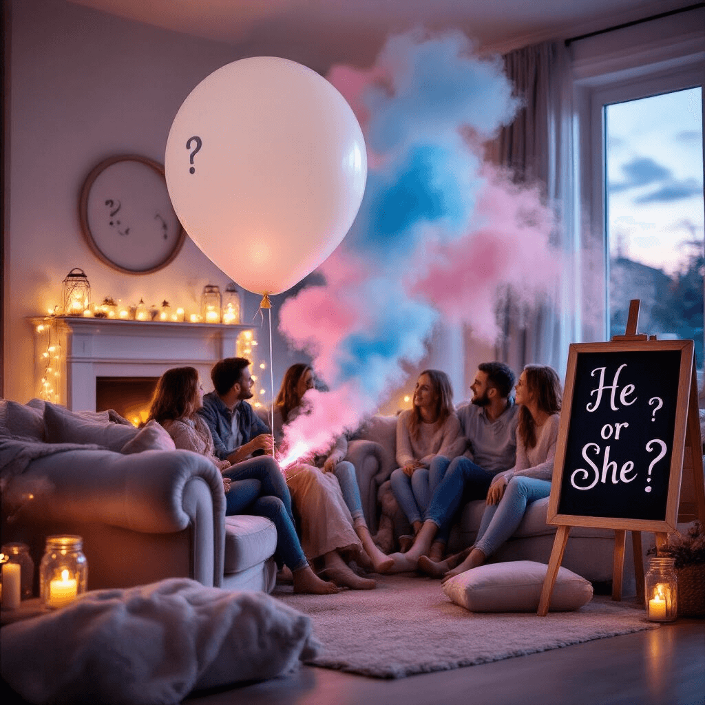 A cozy living room gender reveal party with soft lamp light and candles illuminating a large white balloon marked with question marks. Fairy lights in mason jars twinkle on the mantle, while a chalkboard reads 'He or She?'. Friends and family create an intimate atmosphere on plush sofas and floor cushions as pink or blue smoke begins to emerge from the balloon, filling the room with colored mist.