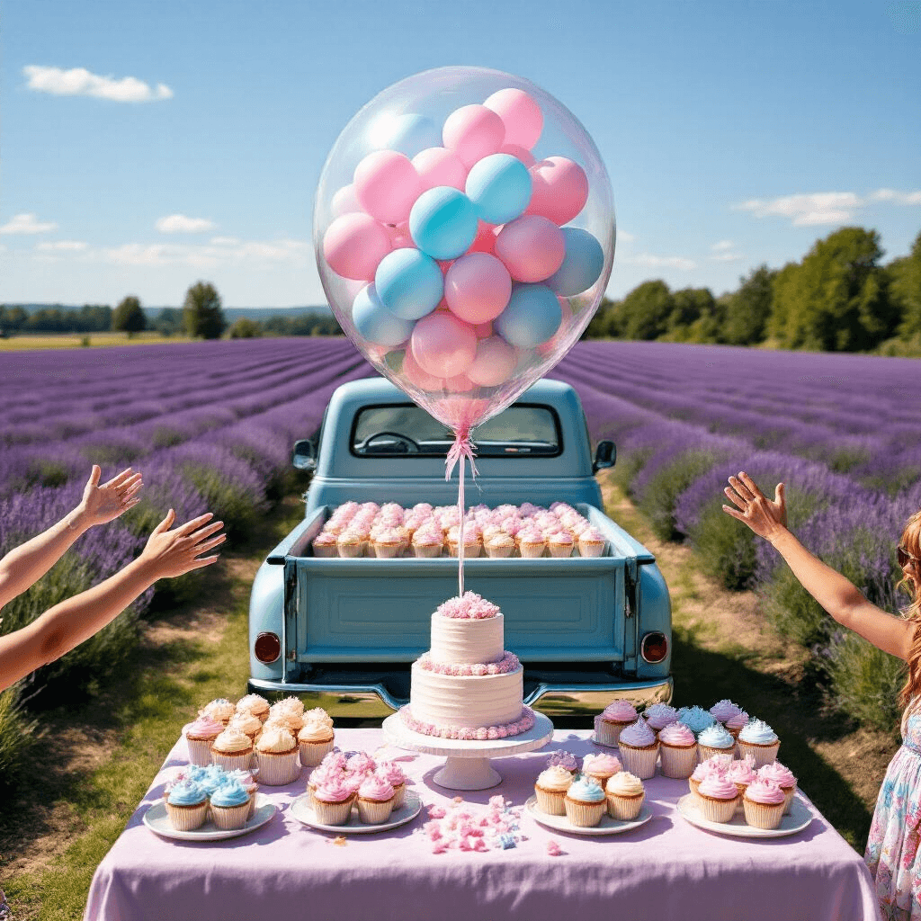 A whimsical outdoor gender reveal picnic at a lavender farm, featuring a vintage pickup truck bed filled with pastel cupcakes and a tiered naked cake, as a large clear balloon bursts, releasing pink and blue balloons into the sky while guests joyfully reach upward.