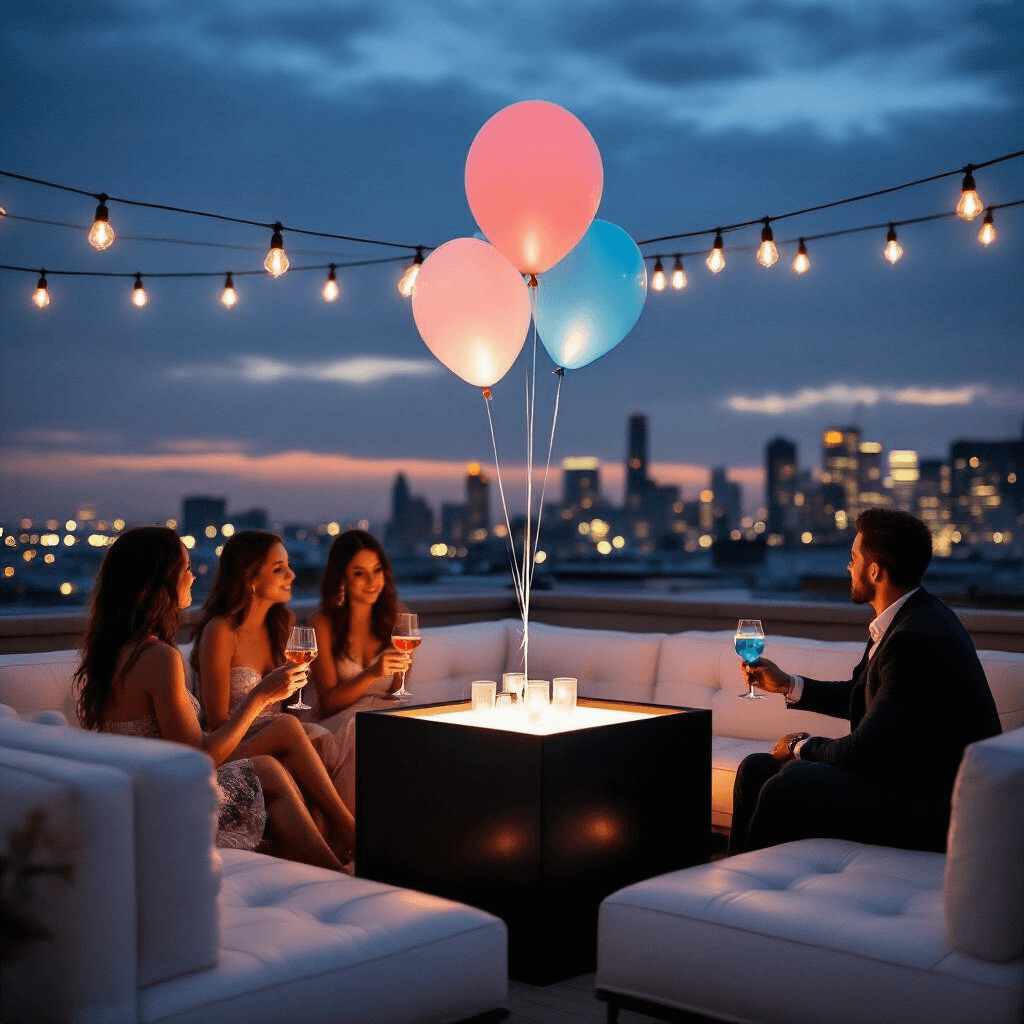 An intimate rooftop gender reveal party at dusk, featuring stylish guests in cocktail attire holding drinks as a sleek black box opens, releasing a helium-filled balloon against a backdrop of twinkling city lights, with the couple's silhouettes embracing in the foreground.