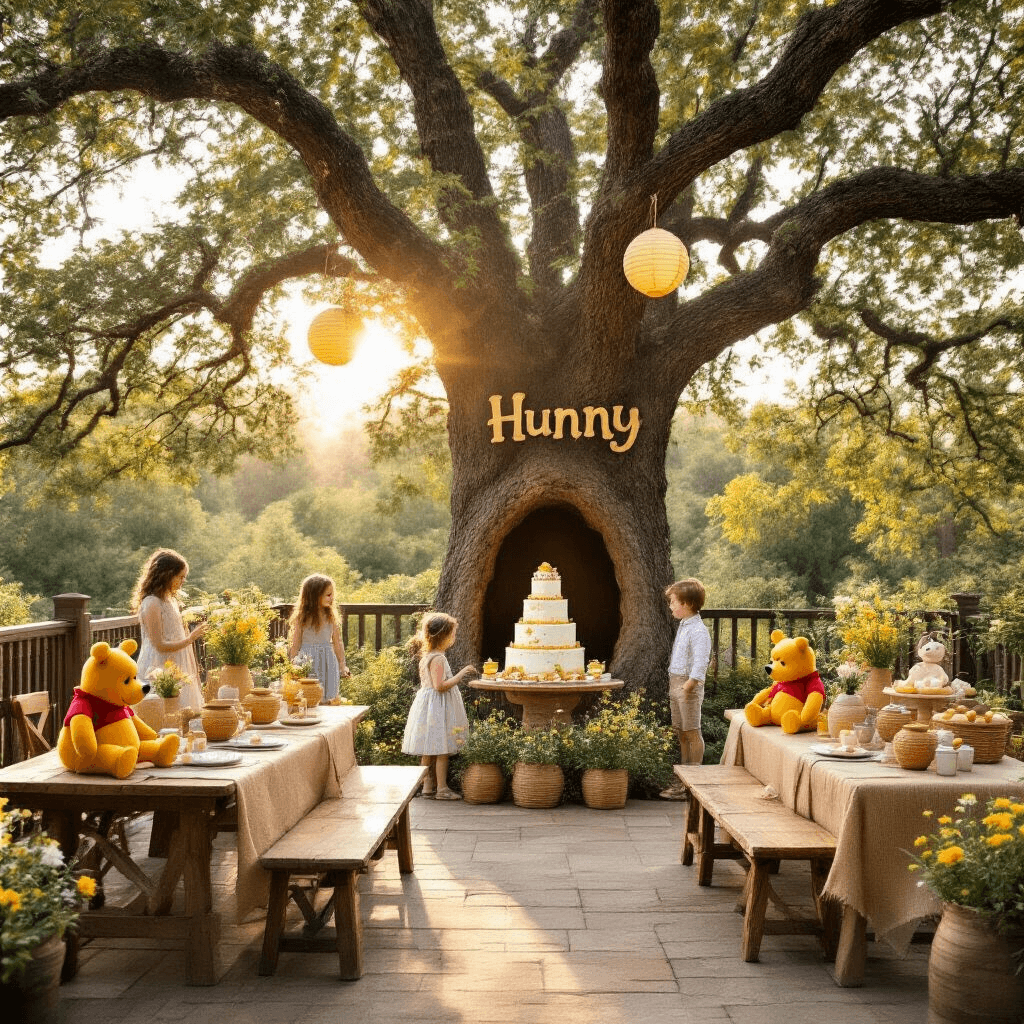 A sunlit garden terrace with towering oak trees, featuring rustic tables adorned with honey pot centerpieces, plush Winnie the Pooh character toys, and wildflowers. Paper lanterns shaped like beehives hang from the branches, while a grand 'hunny' tree holds pink and blue balloons. Guests enjoy a dessert cart with a decorative tiered cake topped with a honeycomb question mark.