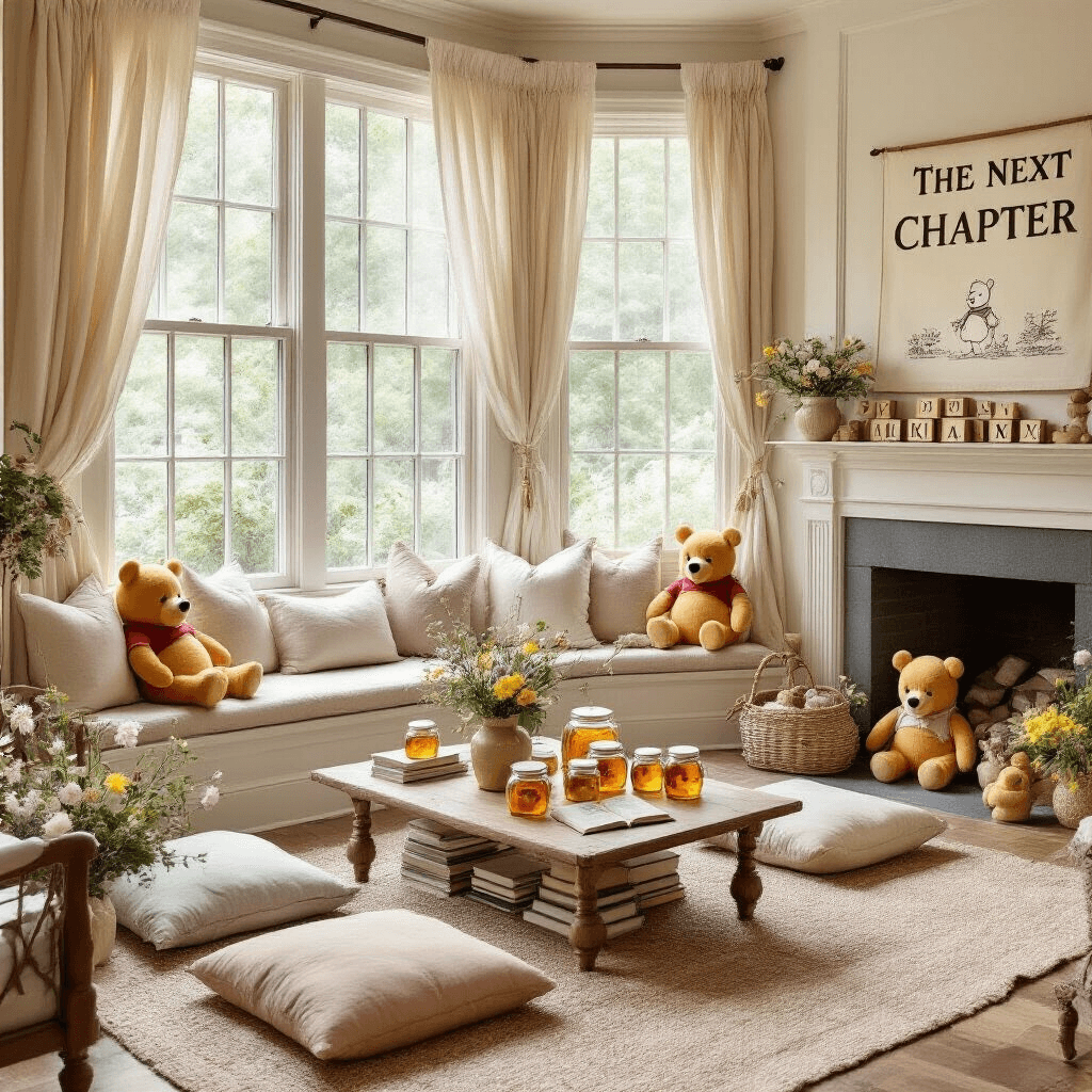 A cozy living room filled with soft morning light, featuring a bay window, plush floor cushions, and low coffee tables decorated with vintage storybooks and honey jars. A whimsical banner hangs above a fireplace filled with stuffed characters, and an oversized storybook prop awaits to reveal a baby's gender with an illustrated page.